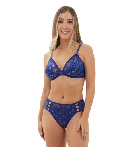 Conjunto de encaje sensual con semitransparencias azul- frontal