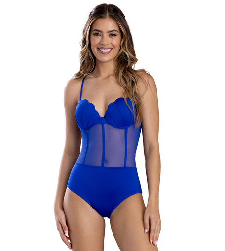 Vestido de baño entero con transparencia en abdomen azul rey frontal
